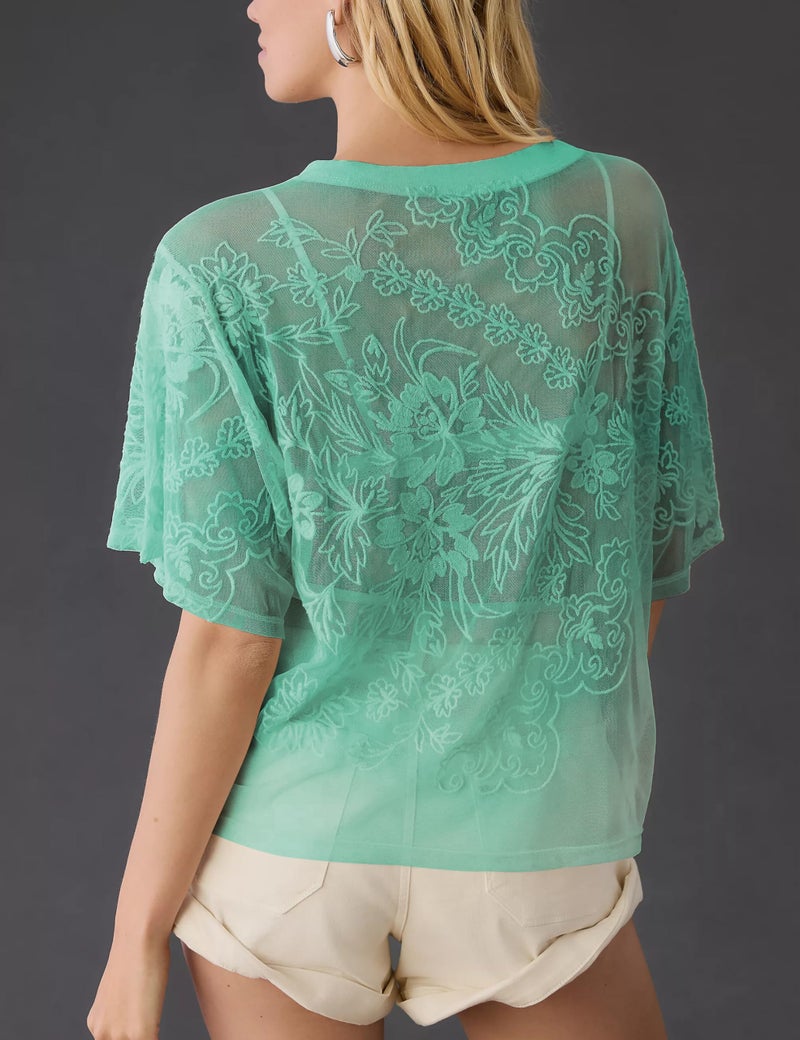OPCAKM Lace Tops for Women Sexy Short Sleeve Mesh Tops Embroidered Sheer Lace T-Shirts See Through Blouse(Teal-M) - Image 4