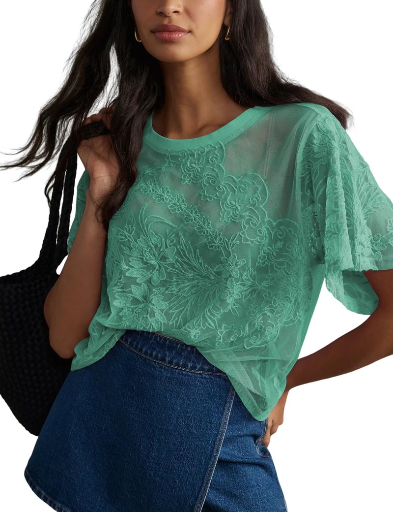 OPCAKM Lace Tops for Women Sexy Short Sleeve Mesh Tops Embroidered Sheer Lace T-Shirts See Through Blouse(Teal-M) - Image 1