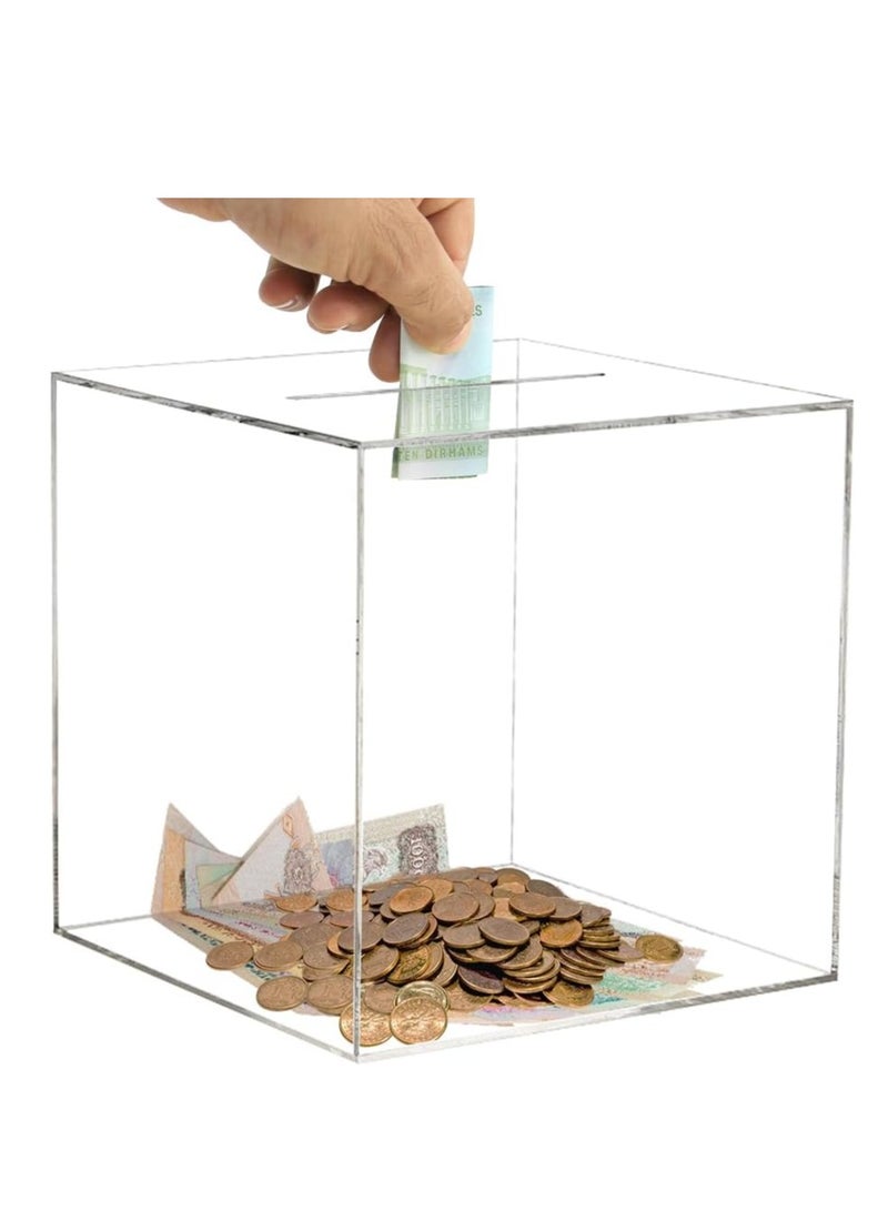VITION Clear Money Bank for Adults Kids, Acrylic Money Bank for Boys Girls to Saving Money Cash Coin, Must Break to Open (15 x 15 cm, Crystal Clear) - Image 1