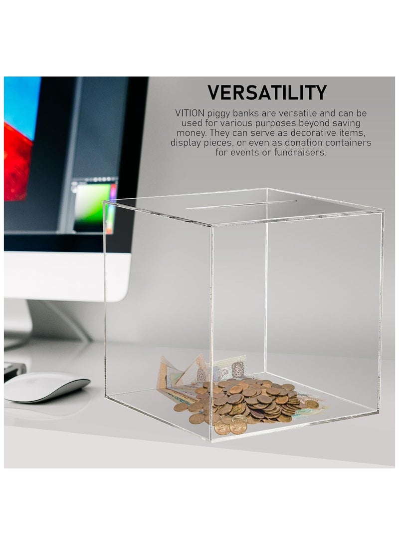 VITION Clear Money Bank for Adults Kids, Acrylic Money Bank for Boys Girls to Saving Money Cash Coin, Must Break to Open (15 x 15 cm, Crystal Clear) - Image 4