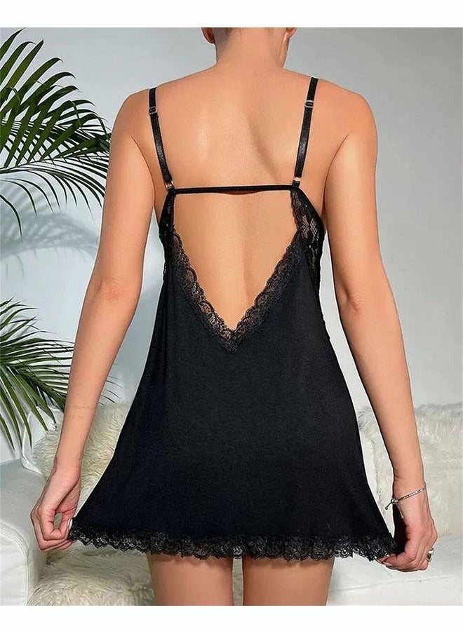 NIBEMINENT - 3 Piece Lace Cotton Patchwork Nightdress Deep V Neck Thin Shoulder Strap Adjustable Pajamas - Image 1