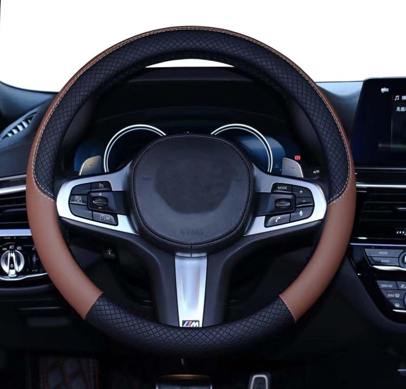 MAKINGTEC Car Steering Wheel Cover,Anti-Slip Matte Finish Auto Universal, Genuine Leather, Universal 15 Inch Fit, Odor-Free Embossing Pattern (Black & Brown) - Image 1