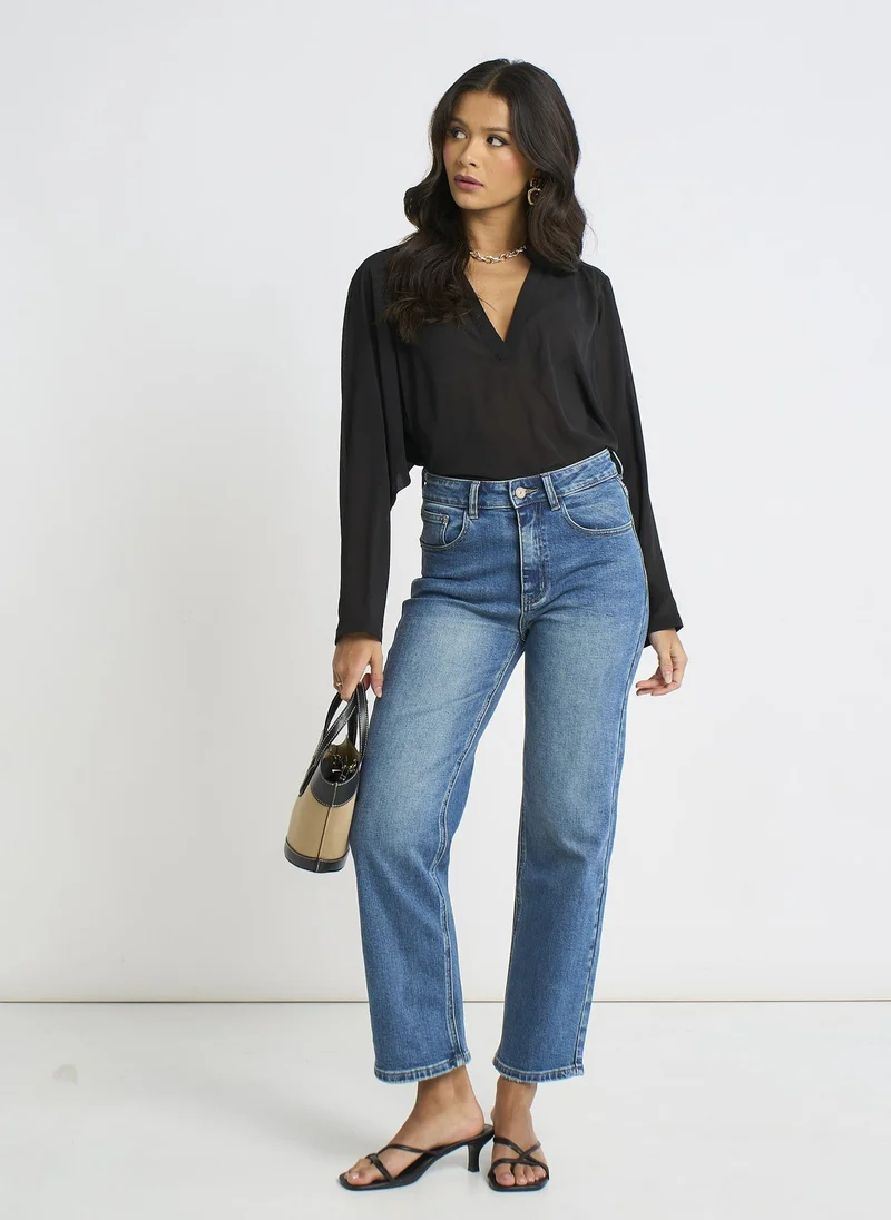 Gini London  Black Textured Chiffon Oversized Blouse for Women | Best Price UAE