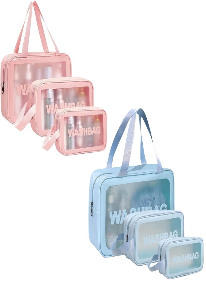 HARSHIV 3 PCS Transparent Travel Cosmetic Bag Set, Sky Blue-Pink - Image 1