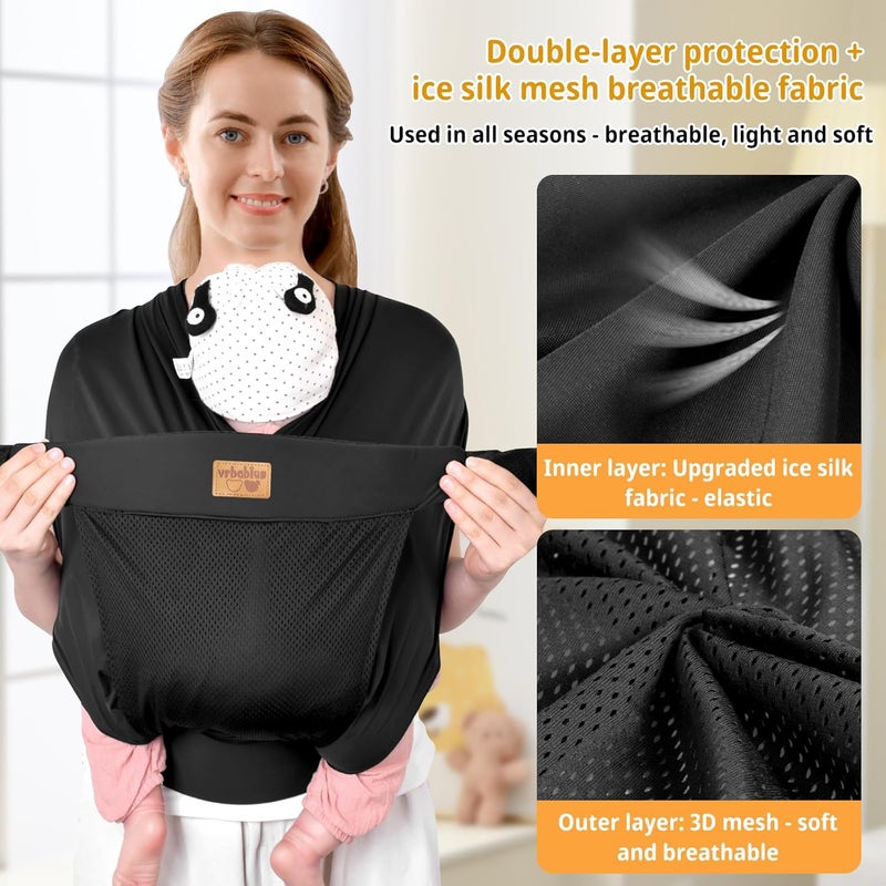 حمال أطفال من نوع Baby Wraps Carrier Sling، مناسب للأطفال حديثي الولادة والصغار، مريح للبشرة وذو طبقة أمامية ناعمة؛ هدية مثالية للأطفال حديثي الولادة (لون أسود، مسامي). - Image 3