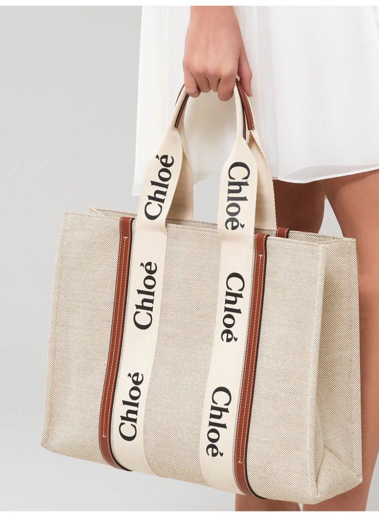 Chloé Women’s Canvas Tote Bag 37cm, Large Capacity Shoulder Handbag With Wide Logo Strap, Beige/Brown - Image 5