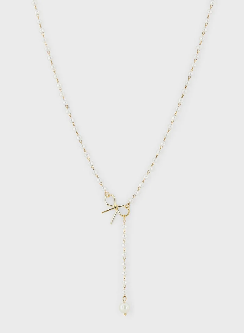ELLA Pearl Bow Lariat Necklace