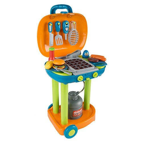 Hey Play BBQ Toy Kitchen Set for Kids  Pretend Play Grill with FlameLike Lights Sizzling Sounds Wheels Fake Food and Cooking Toys by Hey Play Multicolor - Image 1