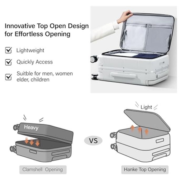 Hanke Top Opening 24 Inch Luggage With Spinner Wheels, Aluminum Frame All-Pc Hard Shell Medium Suitcase, Zipperless Trunk Wide Handle Luggage, Tsa Checked-Medium(Smoke White, 69L) - Image 2