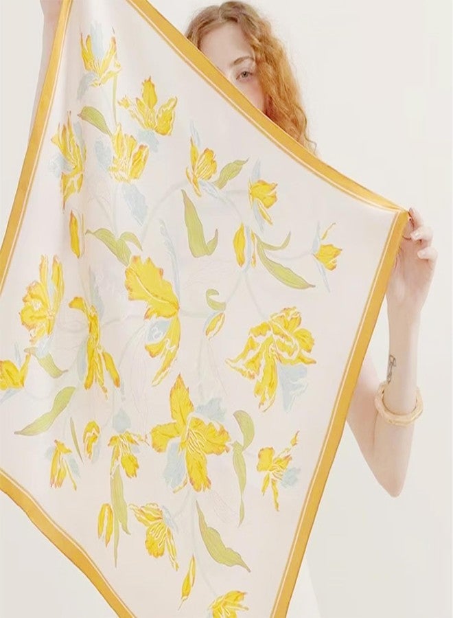 وشاح رأس نسائي من فيميت، مقاس 27 بوصة مربع، مصنوع من الساتان الحريري الناعم، يُستخدم كوشاح للرقبة أو حقيبة يد أو إكسسوارات أخرى، F36#. زهور صفراء جديدة / 27.5 بوصة × 27.5 بوصة، 27.5 بوصة × 27.5 بوصة - Image 4