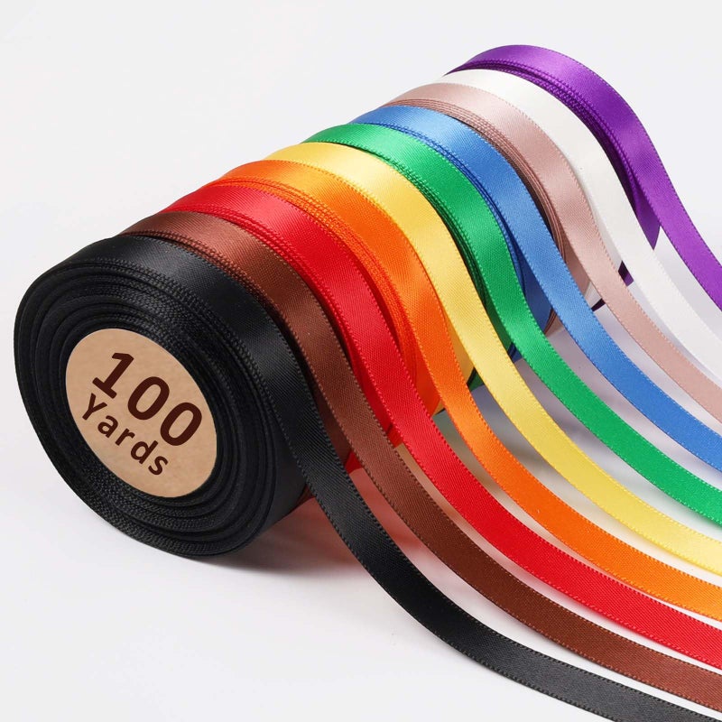 LaRibbons 38 Inch 100 Yard Satin Ribbon for Crafts10 YdRoll 10 Rolls Double Faced Rainbow Satin Ribbon Pack for Gift Wrapping Floral Bouquets Party Decoration