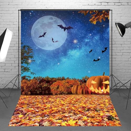 Msocio 5x7ft Polyester Halloween Backdrop Moonlight Pumpkin Fallen Leaves Photography Background for Birthday Baby Shower Trick or Treat Party Decoration Banner Photo Studio Props - Image 1