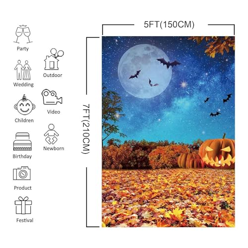 Msocio 5x7ft Polyester Halloween Backdrop Moonlight Pumpkin Fallen Leaves Photography Background for Birthday Baby Shower Trick or Treat Party Decoration Banner Photo Studio Props - Image 5