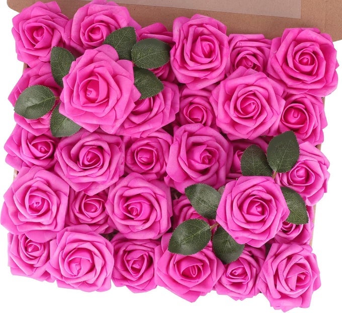 Artificial Flower Roses 30PCS Real Touch Fake Spring Flowers with Stem Foam Roses for Wedding DIY Bouquets Table Centerpieces Party Bridal Shower Home Valentines Day DecorationsFuchsia