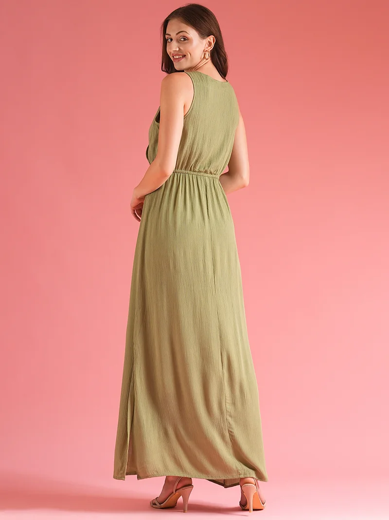 جلو باص Women Green Fit & Flare Maxi Wrap Dress