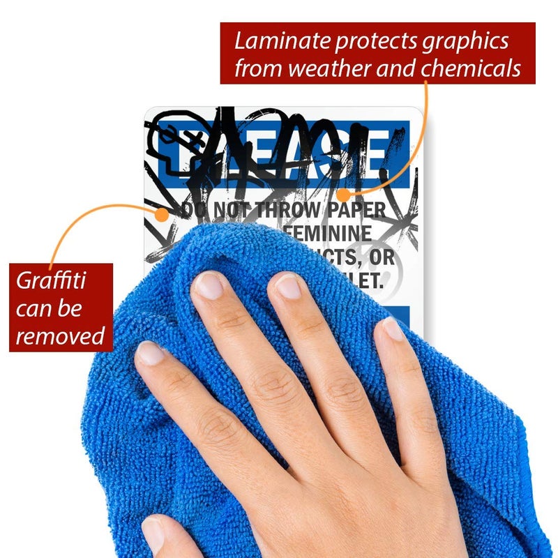SmartSign 5 x 3.5 inch â€œPlease Do Not Throw Paper Towels, Feminine Products Or Trash In The Toiletâ€ Bilingual Label, 3 mil Laminated Adhesive Polyester, Blue, Black and White - Image 2