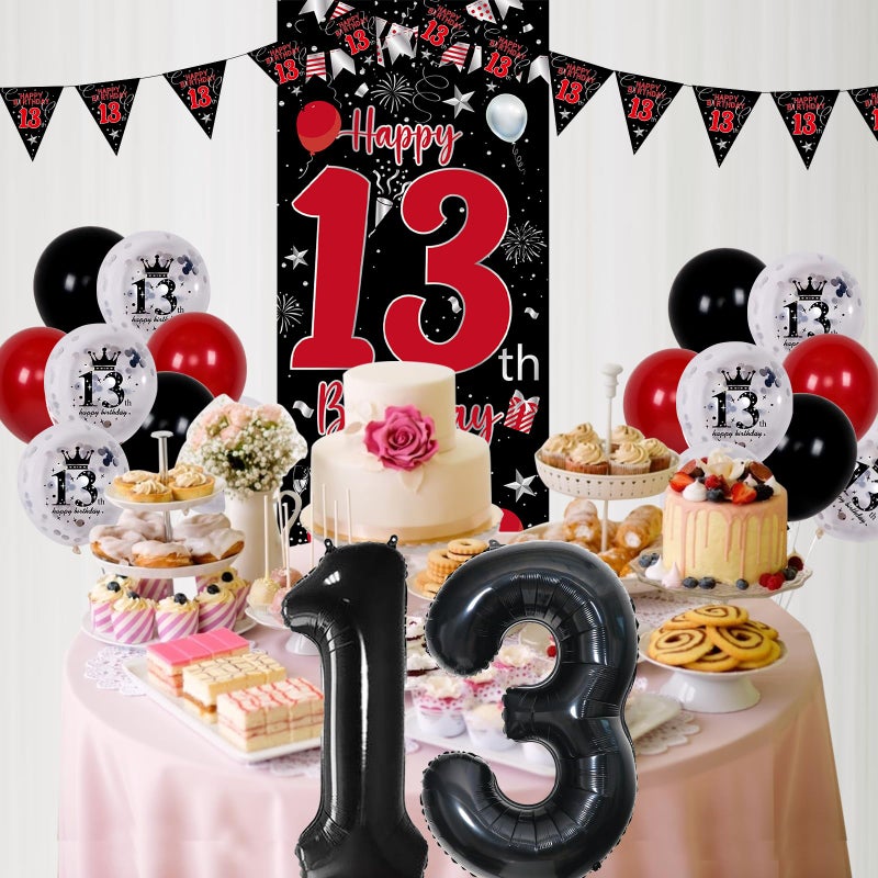 Pounira 13th Birthday Decorations for Boys Girls, Red Black Happy 13th Birthday Door Banner Sign, Boy 13 Year Old Bday Party Decor Triangle Flag, Large 13 Balloons, Official 13 Teenager Decorations - Image 3