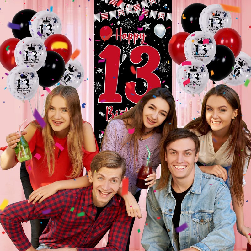 Pounira 13th Birthday Decorations for Boys Girls, Red Black Happy 13th Birthday Door Banner Sign, Boy 13 Year Old Bday Party Decor Triangle Flag, Large 13 Balloons, Official 13 Teenager Decorations - Image 4