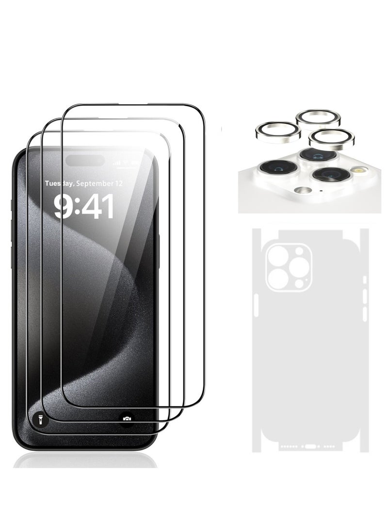 DIGI CORE - iPhone 15 Pro Max Screen Protector 3 Pack 6.7 Inch 2.5D Curved Edges With iPhone 15 Pro Max Camera Lens Protector And Anti-Scratch iPhone Back PVC Clear Sheet Set (White Titanium, iPhone 15 Pro Max) - Image 1