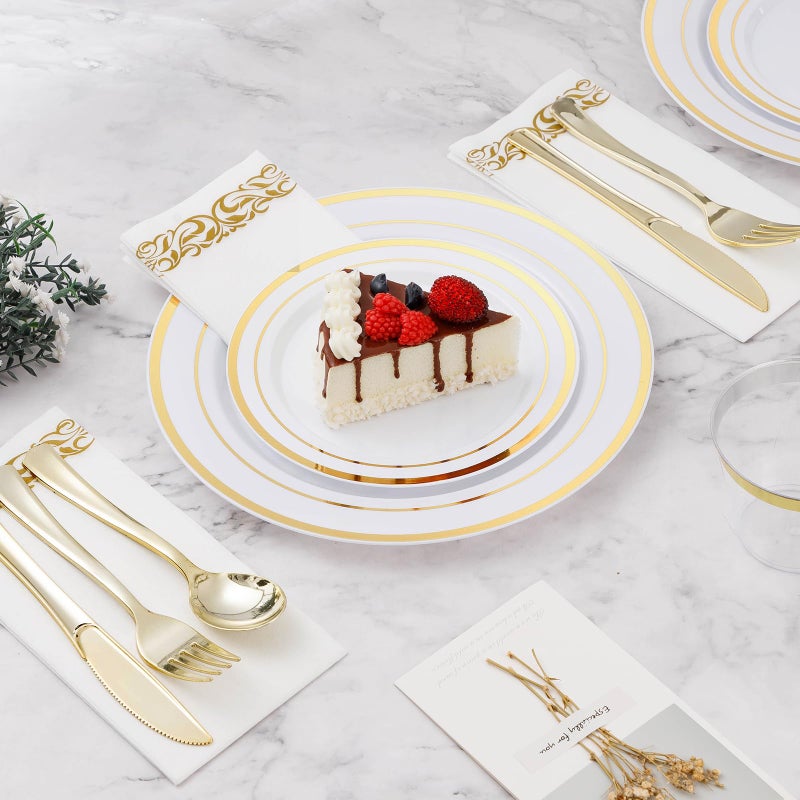BESTVIP 350 PCS Gold Dinnerware Set for 50 Guests  Plastic Dinnerware Set for Party  Include: 50 Gold Dinner Plates 50 Dessert Plates  50 Gold Plastic Silverware Set  50 Cups  50 Paper Napkins - Image 3