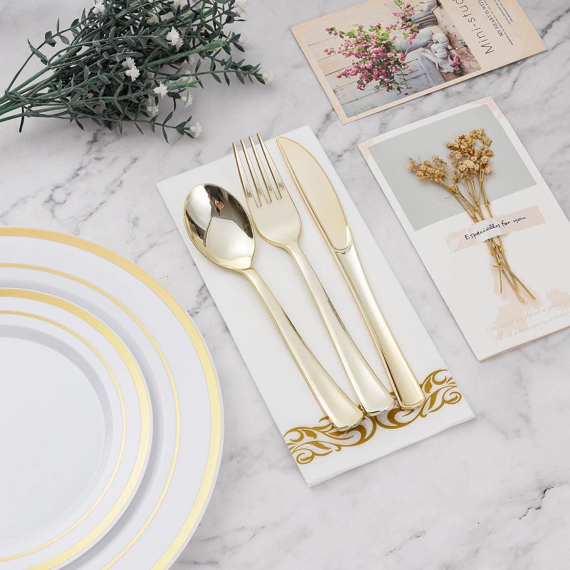 BESTVIP 350 PCS Gold Dinnerware Set for 50 Guests  Plastic Dinnerware Set for Party  Include: 50 Gold Dinner Plates 50 Dessert Plates  50 Gold Plastic Silverware Set  50 Cups  50 Paper Napkins - Image 5