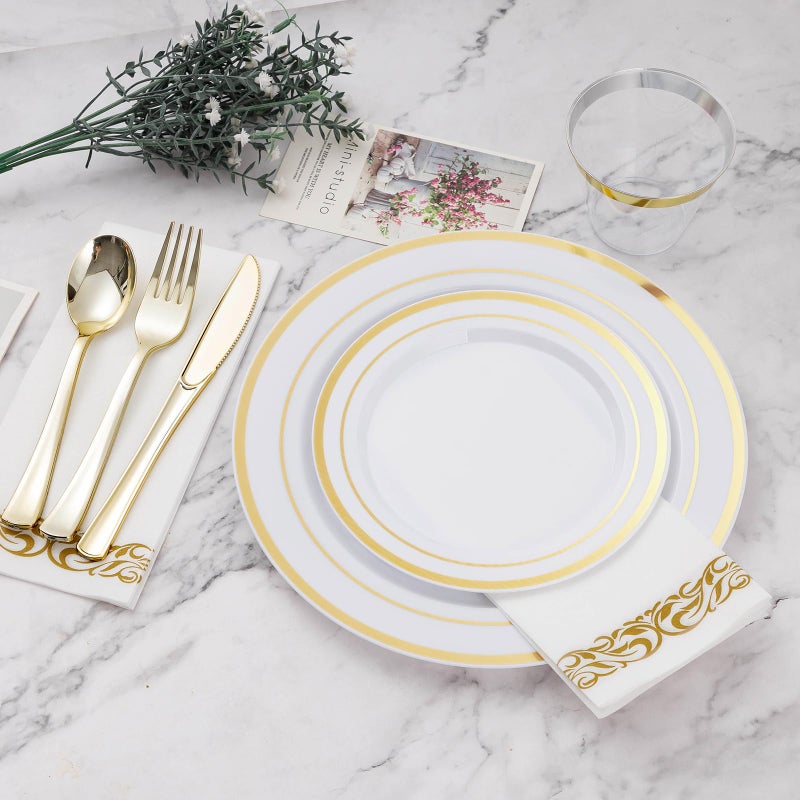 BESTVIP 350 PCS Gold Dinnerware Set for 50 Guests  Plastic Dinnerware Set for Party  Include: 50 Gold Dinner Plates 50 Dessert Plates  50 Gold Plastic Silverware Set  50 Cups  50 Paper Napkins - Image 2