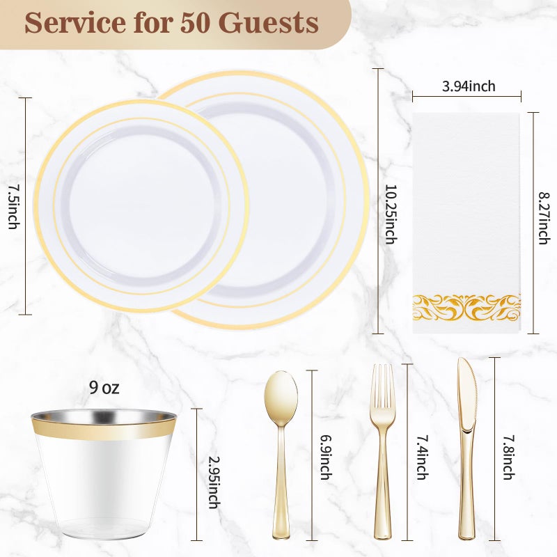 BESTVIP 350 PCS Gold Dinnerware Set for 50 Guests  Plastic Dinnerware Set for Party  Include: 50 Gold Dinner Plates 50 Dessert Plates  50 Gold Plastic Silverware Set  50 Cups  50 Paper Napkins - Image 4