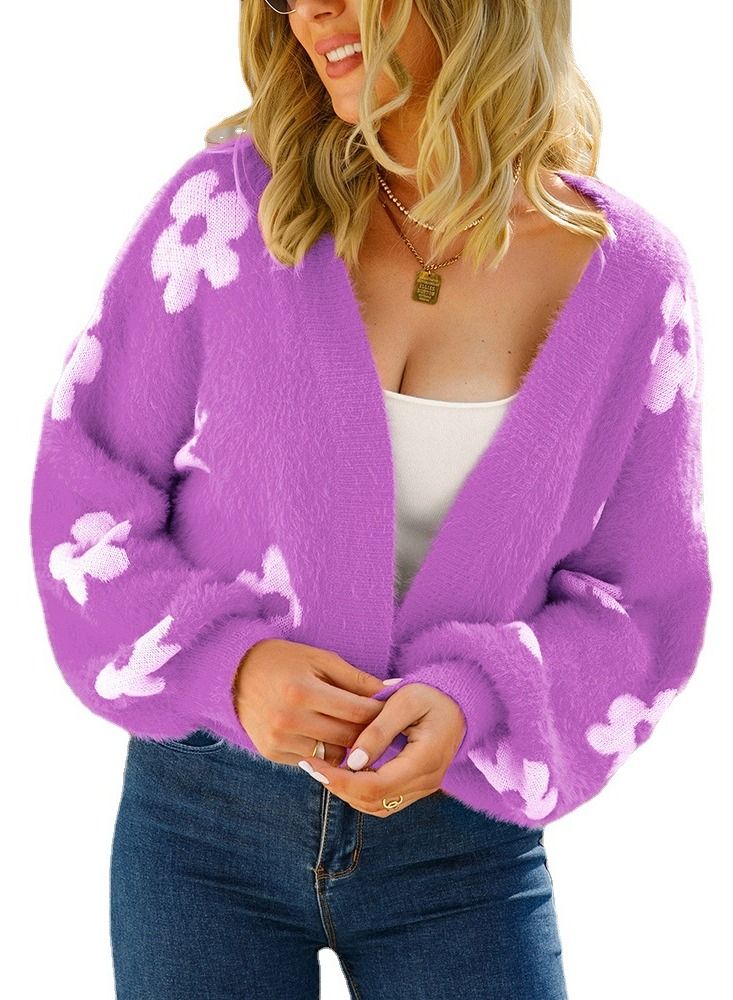 Loquat New Fashion Flower Print Cardigan Short Knit Sweater  - Image 2