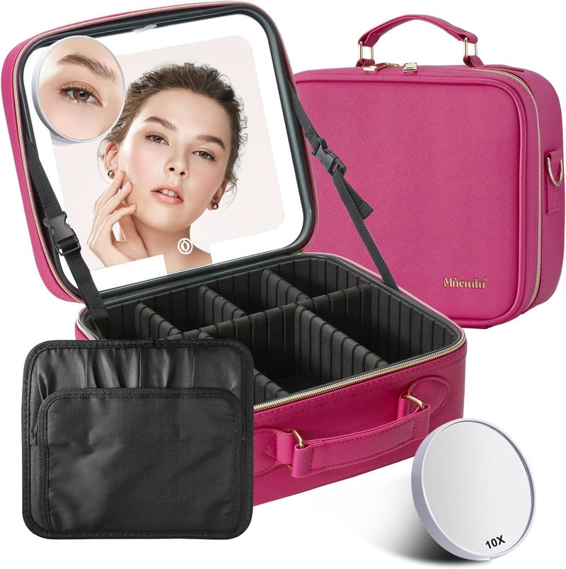 Mocado Travel Makeup Bag with LED Lighted Mirror,Travel Makeup Organizer,Makeup Case with 3 Color Lighted Setting and 10x Magnifying Mirror,Portable Storage and Adjustable Dividers Makeup Box(Violet) - Image 1