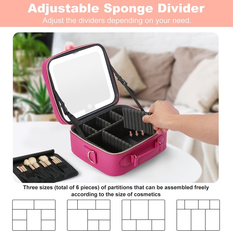 Mocado Travel Makeup Bag with LED Lighted Mirror,Travel Makeup Organizer,Makeup Case with 3 Color Lighted Setting and 10x Magnifying Mirror,Portable Storage and Adjustable Dividers Makeup Box(Violet) - Image 5