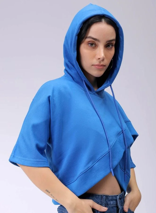 Freehand  Women Boxy Fit Solid Hooded Neck Short Sleeve Wrap Sweatshirt for Women | Best Price UAE