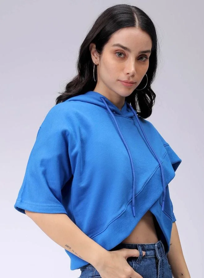 Freehand  Women Boxy Fit Solid Hooded Neck Short Sleeve Wrap Sweatshirt for Women | Best Price UAE
