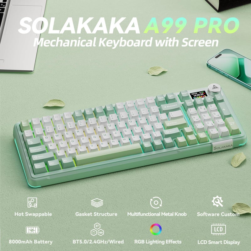 SOLAKAKA A99 Pro Wireless Mechanical Keyboard with BT5.0/2.4GHz/USB-C, LCD Screen & Metal Knob, Gasket-Mounted Gaming Keyboard, Full Hot-Swappable, RGB Creamy Keyboard for Win/Mac - Image 2