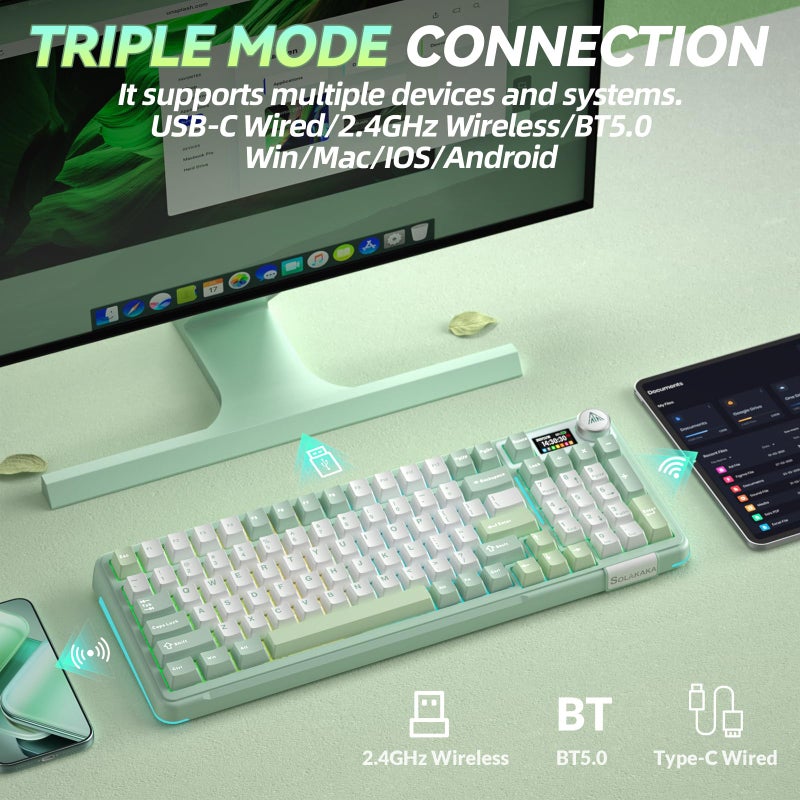 SOLAKAKA A99 Pro Wireless Mechanical Keyboard with BT5.0/2.4GHz/USB-C, LCD Screen & Metal Knob, Gasket-Mounted Gaming Keyboard, Full Hot-Swappable, RGB Creamy Keyboard for Win/Mac - Image 3