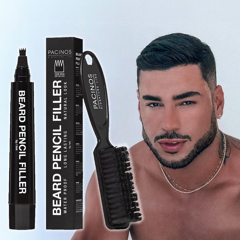Beard Filler Pen for Men - Waterproof & Sweatproof, Long Lasting - Beard Pen with Small Brush Creates Natural Looking Beard, Mustache and Eyebrows (Brown)
