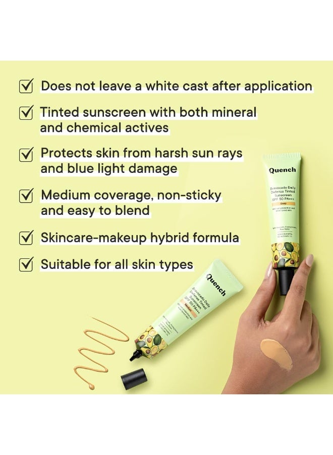 كوينش QUENCH BOTANICS: واقي شمسي ملوّن للحماية اليومية (Daily Defense) بعامل حماية SPF 50 وPA+++، لبشرة متألقة، غني بالأفوكادو و2% نياسيناميد، يوفر حماية من الضوء الأزرق، بلمسة نهائية ساتانية-مطفية (Satin-Matte). صُنع في كوريا. درجة اللون: متوسطة (Medium)، الحجم: 50 مل | مناسب للبشرة العادية. - Image 3