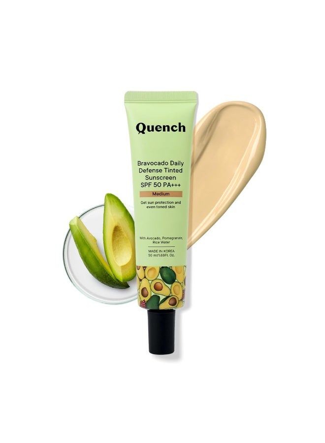 كوينش QUENCH BOTANICS: واقي شمسي ملوّن للحماية اليومية (Daily Defense) بعامل حماية SPF 50 وPA+++، لبشرة متألقة، غني بالأفوكادو و2% نياسيناميد، يوفر حماية من الضوء الأزرق، بلمسة نهائية ساتانية-مطفية (Satin-Matte). صُنع في كوريا. درجة اللون: متوسطة (Medium)، الحجم: 50 مل | مناسب للبشرة العادية. - Image 1