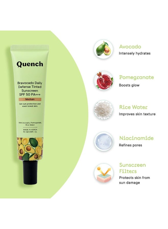 كوينش QUENCH BOTANICS: واقي شمسي ملوّن للحماية اليومية (Daily Defense) بعامل حماية SPF 50 وPA+++، لبشرة متألقة، غني بالأفوكادو و2% نياسيناميد، يوفر حماية من الضوء الأزرق، بلمسة نهائية ساتانية-مطفية (Satin-Matte). صُنع في كوريا. درجة اللون: متوسطة (Medium)، الحجم: 50 مل | مناسب للبشرة العادية. - Image 2