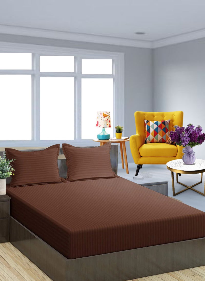 Blueberry Brown Single Size Stripe Deep Pocket Bed Sheet Set Cotton 120x200+15cm - Image 1