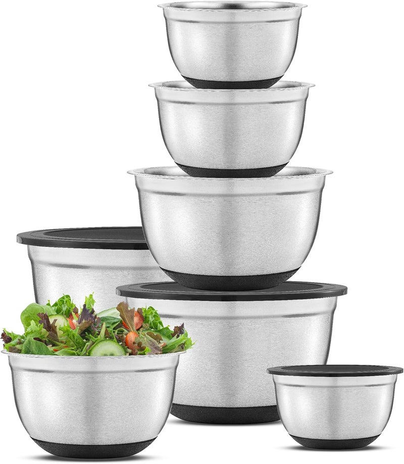JoyJolt Stainless Steel Mixing Bowls with Lids Set, Size 7, 5, 4, 3, 1.5, 1, 75QT, Measurement Marks & Non Slip Bottoms, Stackable Nesting Serving Bowls for Kitchen Storage, Baking, and Serving - Image 1