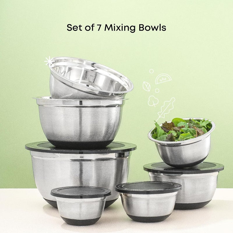 JoyJolt Stainless Steel Mixing Bowls with Lids Set, Size 7, 5, 4, 3, 1.5, 1, 75QT, Measurement Marks & Non Slip Bottoms, Stackable Nesting Serving Bowls for Kitchen Storage, Baking, and Serving - Image 3