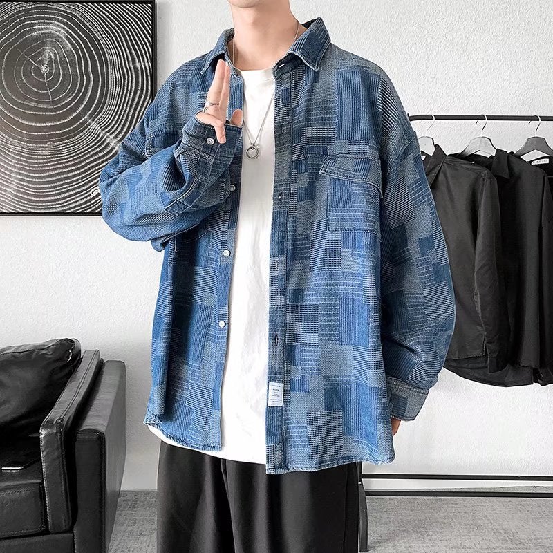 2023 Work Shirt Mens Long-sleeved Spring and Autumn Loose Japanese Style Fashion Brand Lapel Casual Denim Shirt Jacket Blue  - Image 1
