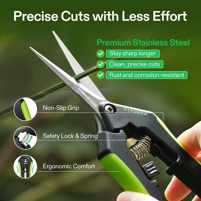 VIVOSUN Gardening Scissors, 6.5 Inch Hand Pruner, Pruning Shear with Straight Stainless Steel Blades, Garden Tools for Women Men, Black and Green - Image 4