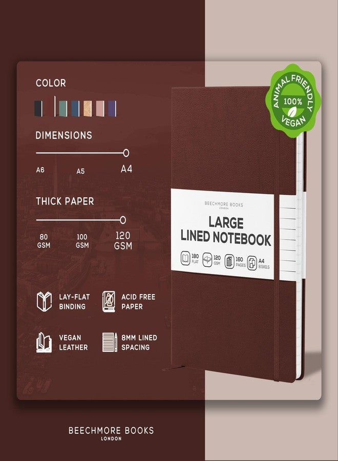 بيتش مور بوكس دفتر يوميات مسطر من BEECHMORE BOOKS، 8.5 × 11.5 بوصة، A4، 160 صفحة مسطرة، دفاتر يوميات جلدية ذات غلاف مقوى للنساء والرجال والكتابة ودفاتر العمل - ورق سميك 120 جرام لكل متر مربع، صندوق هدايا متضمن (بني كستنائي) - Image 2