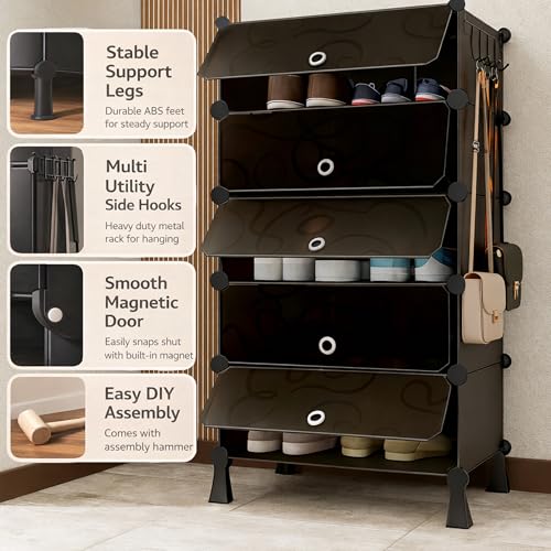 AYSIS Premium Modular Plastic Shoe Rack for Home with Door | 𝟓-𝐓𝐢𝐞𝐫 Stackable Shoe Organizer | Waterproof & Dustproof | Space Saving Storage for Home, Bedroom & Entryway【Grey, 5-Shelf-5-Door】 - Image 3