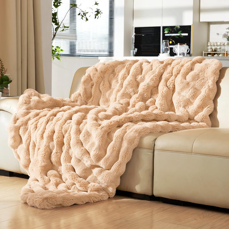 PLUUSHUU Faux Rabbit Fur Bubble Blanket  Fluffy Fuzzy Warm Throw Blanket for Couch  Soft Cozy Shaggy Plush Furry Blanket  Luxury Decorative Gifts for Sofa Bedroom Living Room  60x50inch (Naked Color) - Image 1