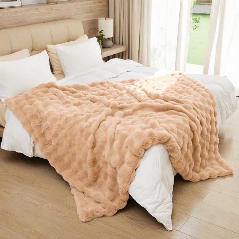 PLUUSHUU Faux Rabbit Fur Bubble Blanket  Fluffy Fuzzy Warm Throw Blanket for Couch  Soft Cozy Shaggy Plush Furry Blanket  Luxury Decorative Gifts for Sofa Bedroom Living Room  60x50inch (Naked Color) - Image 2