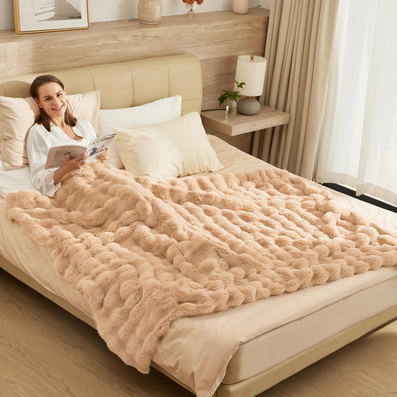 PLUUSHUU Faux Rabbit Fur Bubble Blanket  Fluffy Fuzzy Warm Throw Blanket for Couch  Soft Cozy Shaggy Plush Furry Blanket  Luxury Decorative Gifts for Sofa Bedroom Living Room  60x50inch (Naked Color) - Image 4