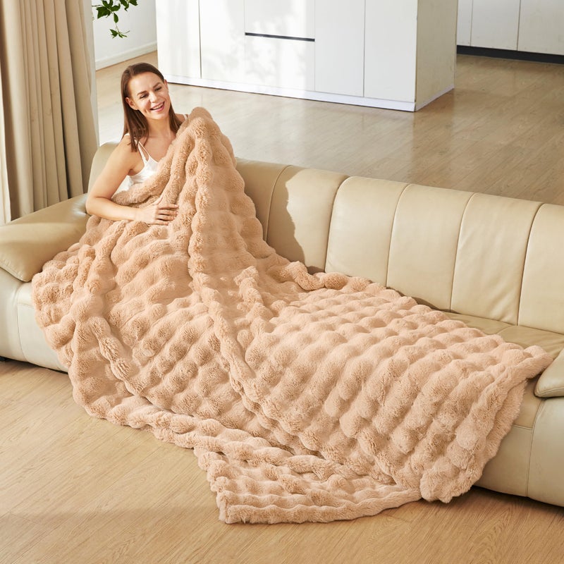 PLUUSHUU Faux Rabbit Fur Bubble Blanket  Fluffy Fuzzy Warm Throw Blanket for Couch  Soft Cozy Shaggy Plush Furry Blanket  Luxury Decorative Gifts for Sofa Bedroom Living Room  60x50inch (Naked Color) - Image 3