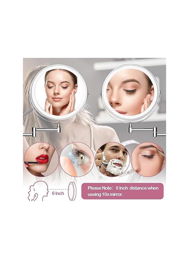Wall Mounted Mirror with 1X/10X Magnification, LED Magnifying Mirror with 3 Colors Dimmable Lights, Touch Screen, Extension Foldable Arm, Shaving Mirror for Bathrooms and Hotels (Silver)